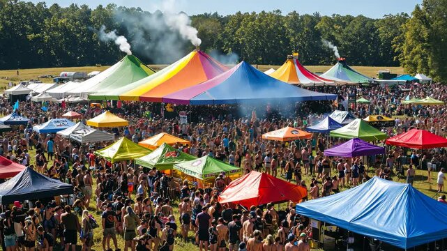 Crowd gathers at vibrant outdoor music festival under colorful tents during sunny afternoon, A large crowd gathers under colorful tents at a music festival in a sunny, rural setting