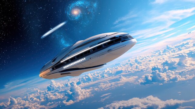 A futuristic starship powered by anti gravity technology, glowing energy rings stabilizing its movement, distant galaxies and cosmic nebulae stretching