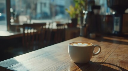 warm latte on sunny wooden table in coffee shop