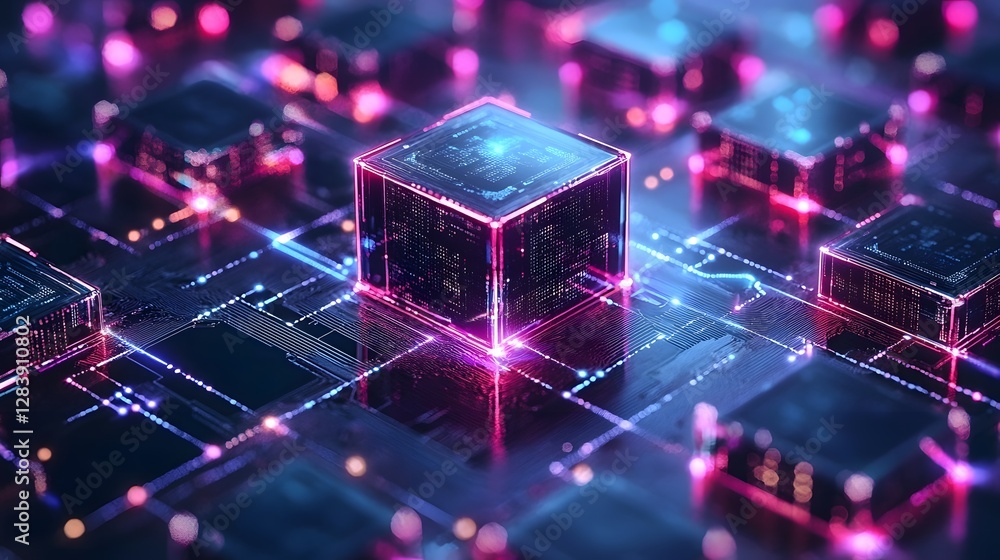 Poster Glowing and Illuminated Cubes Floating in a Vibrant Digital Landscape with Neon Lights Representing Future Technology Innovation and Intelligence Concepts