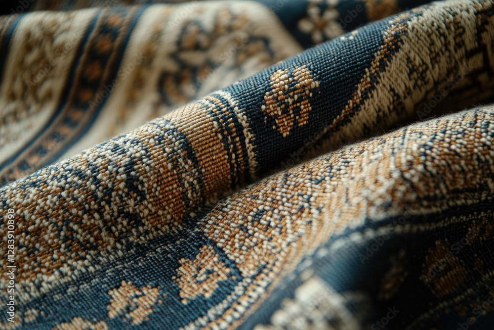 Poster close-up of intricately woven fabric with a tapestry-like pattern in beige and navy.