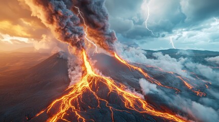 A molten alien world with vast rivers of flowing lava, towering volcanoes spewing ash into the sky, lightning illuminating the dense volcanic clouds.