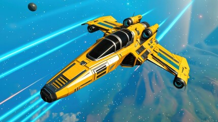 A sleek starfighter emerging from hyperspace, glowing blue distortions fading behind it, sharp aerodynamic design built for high speed combat