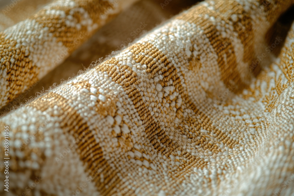 Poster close-up of textured fabric with cream and gold stripes, showing intricate weave.