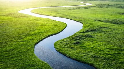 Serene Curving River Flowing Through Lush Green Meadow Landscape