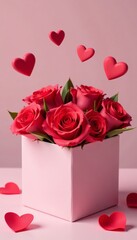 Pastel pink box with red hearts, rose flowers and gift inside, Mother's Day Present, Red Hearts