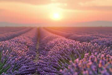 Obraz premium Captivating sunset over a lavender field in Provence, France, showcasing rows of vibrant purple flowers stretching towards the horizon under a warm, golden sky.