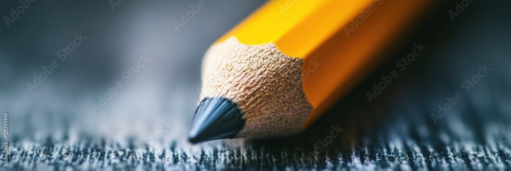 Fototapete close up view of a sharpened yellow pencil resting on textured paper surface in soft lighting during