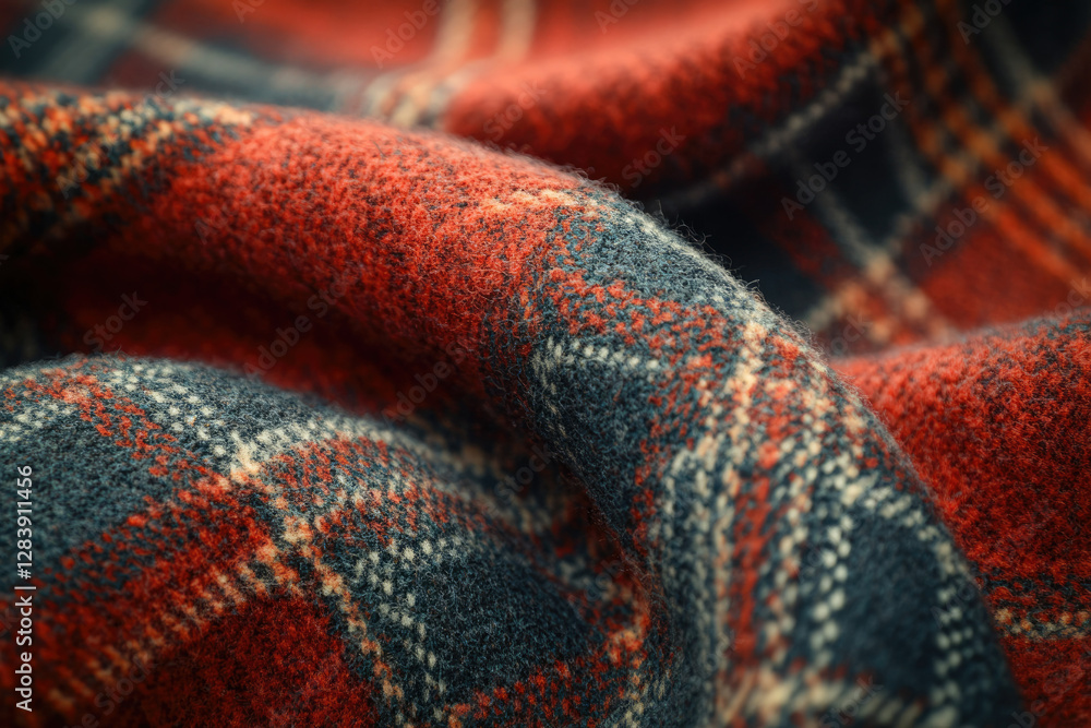 Poster close-up of a red and gray plaid woolen fabric, showcasing its texture and pattern.