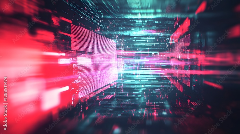 Poster Glowing Corridor   Futuristic Digital Abstract Hallway with Neon Lights and Motion  Surreal dreamlike sci fi environment with a dynamic illuminated matrix of data and geometric patterns