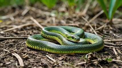 Obraz premium green snake ,close up of a green snake, snake in the grass, green snake on a tree, green snake in the grass
