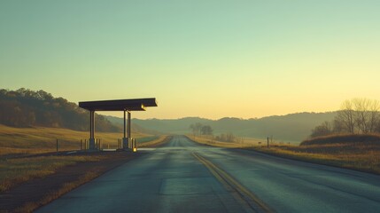 A toll booth on a rural highway at dawn. Featuring a quiet, almost empty road and soft morning light
