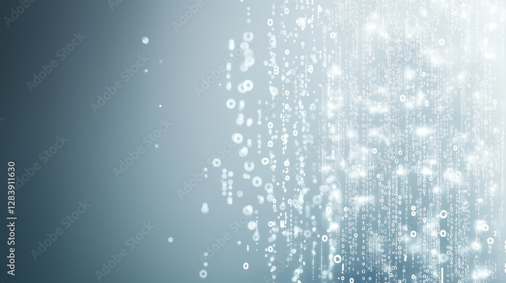 Poster digital rain: an abstract, captivating visualization of digital data cascading like rain, conveying 