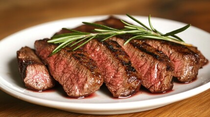 Close up of a plate of grilled steak with rosemary garnish, fine dining gourmet meal delicious food