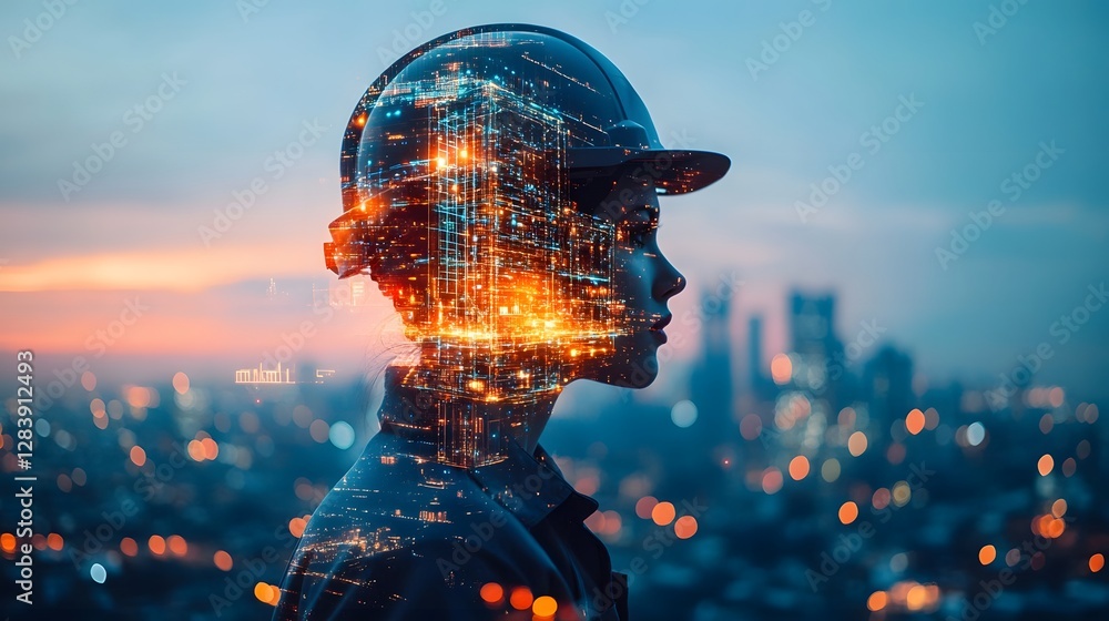 Poster glowing futuristic city skyline with intelligence visualization stunning digital of a modern high te