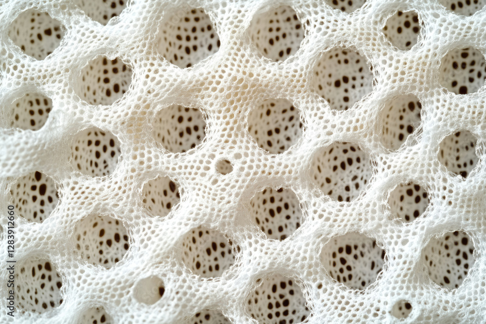 Poster close-up of a porous, off-white material with a honeycomb-like structure.