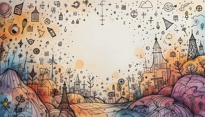 Fototapeta premium Dreamy Landscape Illustration with Whimsical City Elements and Abstract Design Features