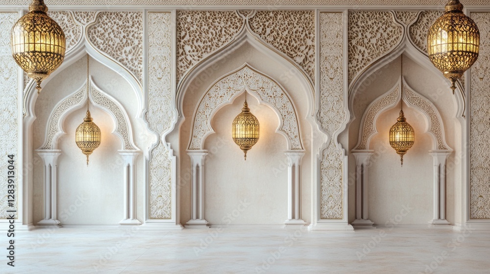 Poster splendid islamic architecture showcases detailed golden and white patterns, creating an atmosphere o