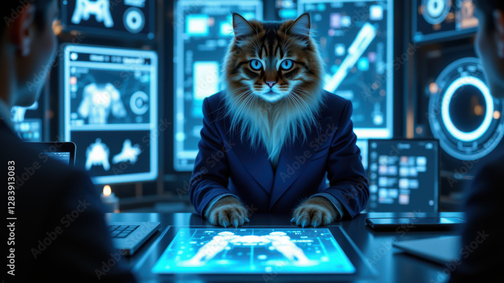 Poster a cat sitting at a futuristic computer console with holographic displays.