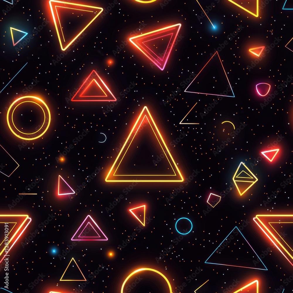 Aufkleber a vibrant cosmic pattern featuring neon triangles and circles against a star-filled sky, creating a 
