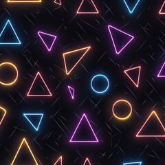 A vibrant and dynamic neon geometric pattern featuring triangles and circles in blue, orange, and pink, set against a dark, textured background.