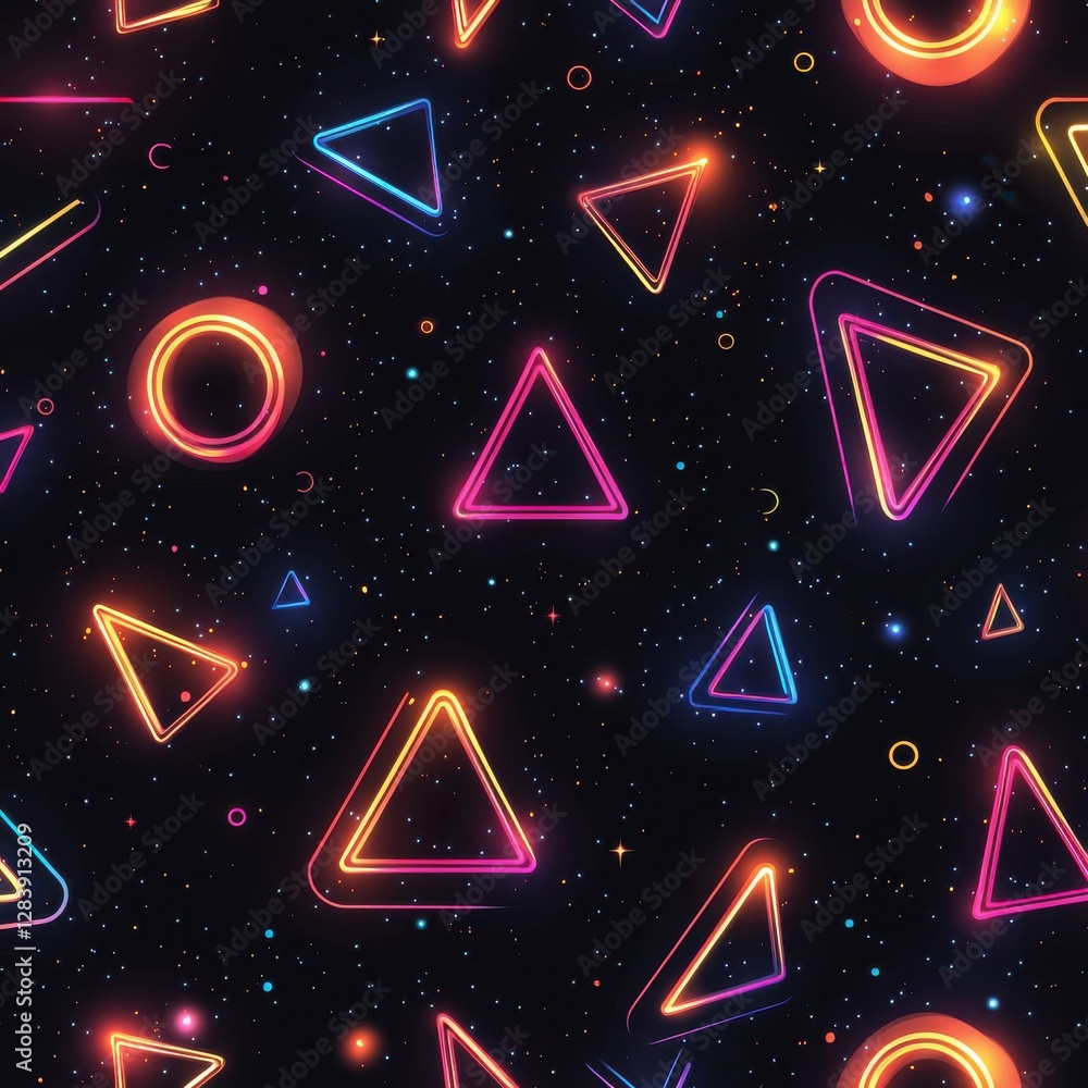 Aufkleber vibrant neon geometric shapes and sparkling stars create a retro 80s seamless pattern on a deep blac