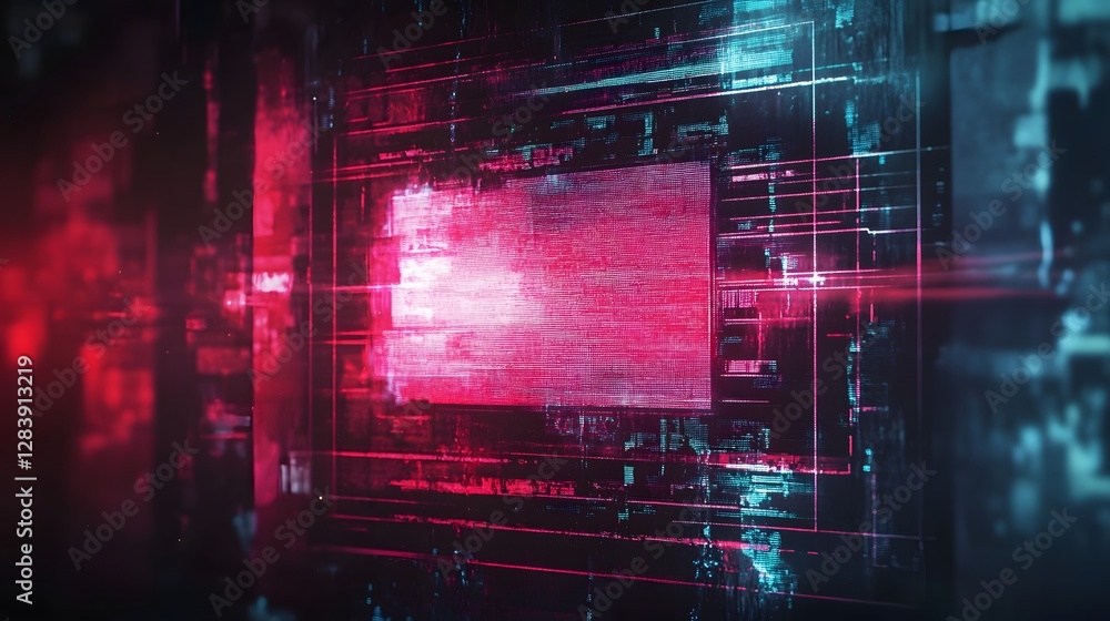 Aufkleber Glowing Futuristic Digital Interface with Neon Lights and Wireframe Grid  Abstract technology background with sci fi HUD elements data visualization and glitch effects