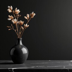 Sleek countertop with empty marble vase, black table on dark background, modern, countertop