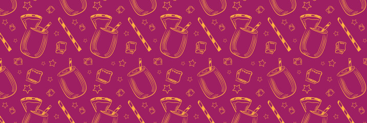 Watermelon summer festive cocktail with ice cubes, stars and straw. Hand drawn seamless pattern on fuchsia color background. Vector wallpaper for poster printing, banners, fabric. Doodle style.