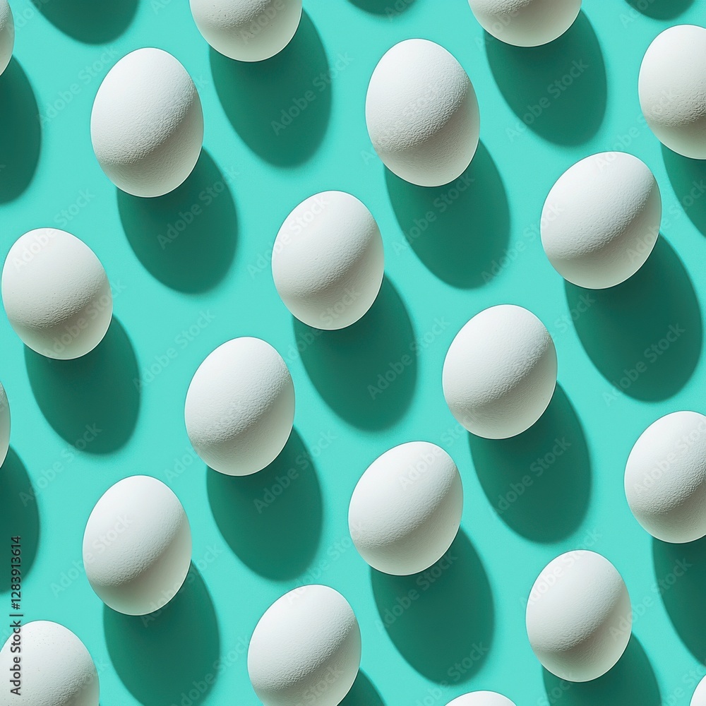 Poster a minimalist, vibrant aqua background showcases a pattern of pristine white eggs with sharp shadows,