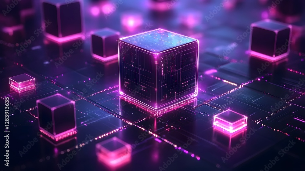 Poster Glowing neon cube suspended in a digitally rendered futuristic environment with intricate geometric patterns symbolizing innovation technology and connectivity  This abstract