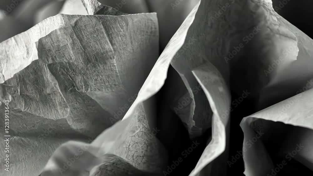 Aufkleber close-up view of textured paper revealing intricate folds and lines in monochrome display