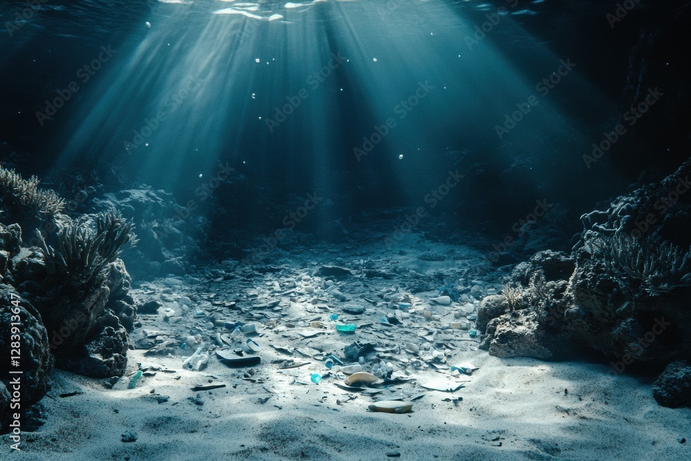Poster underwater view of damaged coral reefs amidst plastic debris and scattered marine waste illuminated 
