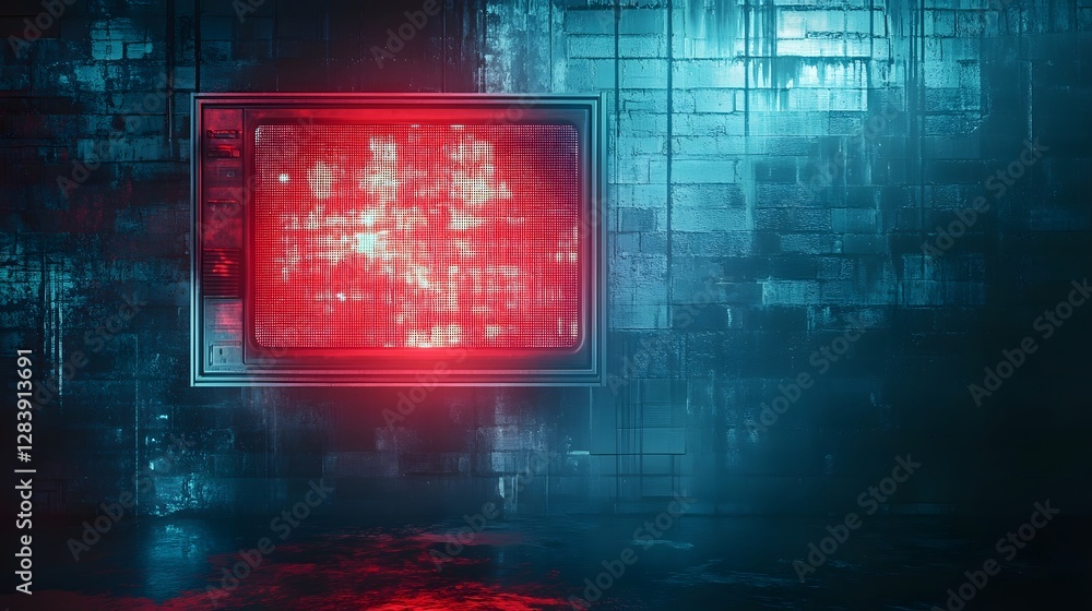 Poster Glowing neon digital interface display in a futuristic city setting  Abstract technology background with a red and blue color palette grid patterns and a dark moody atmosphere
