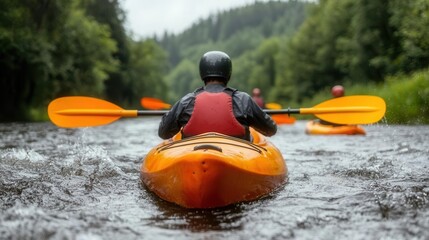 adventure activities kayaking teamwork. Group of adventurers maneuvering tandem kayaks through a fast-moving river, showcasing teamwork