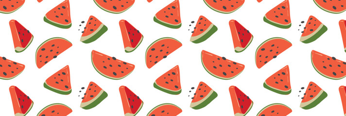 Abstract watermelon slices pattern in flat style. Vector seamless background. Summer freshness for health with natural watermelon flavor. For background, juice, ice cream or packaging.
