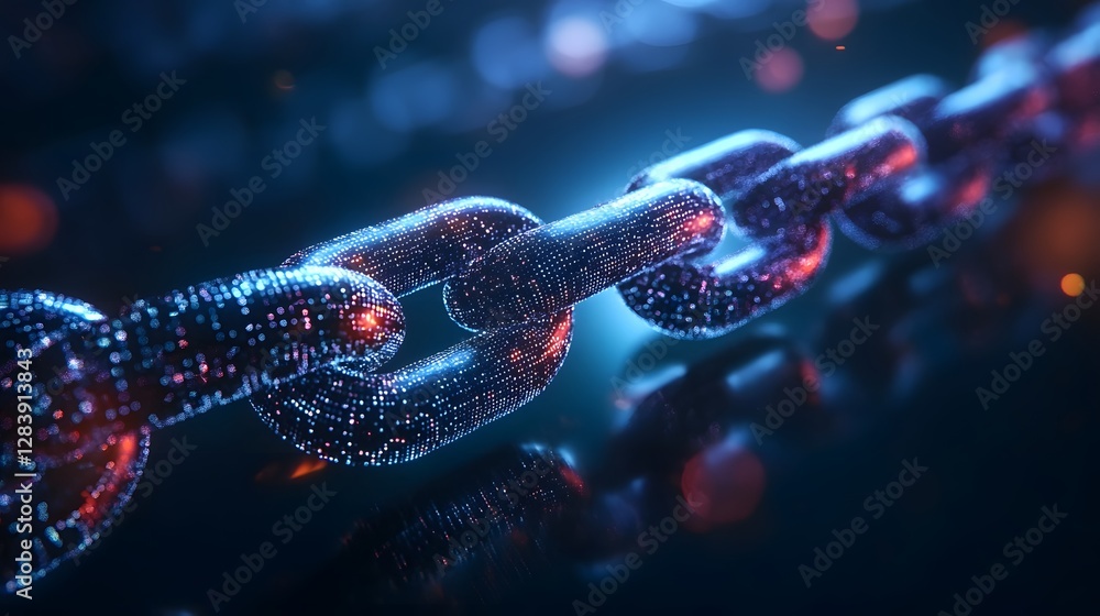Poster Glowing metallic chains interconnected in a futuristic digital backdrop with a dynamic luminous flow of energy  The image represents the concept of technological advancement innovation