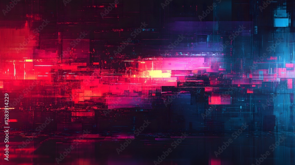 Poster Immerse yourself in a captivating digital landscape where the boundaries of reality blur and a mesmerizing fusion of abstract glitch infused visuals and vibrant neon hues create a surreal