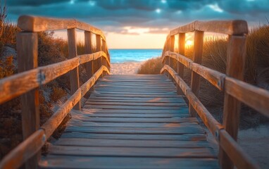 Sunset beach boardwalk bridge, ocean view