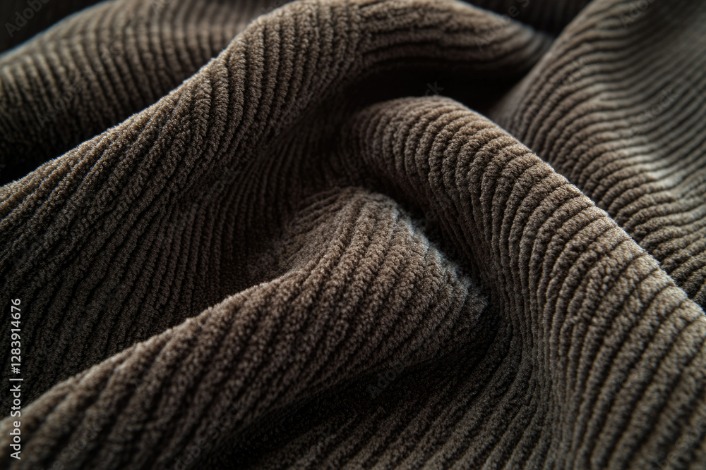 Poster close-up of dark brown corduroy fabric with a textured, ribbed surface showing wrinkles and folds.