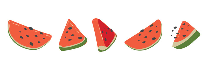 A set of watermelon slices. Fresh, juicy and tasty fruit. Vector illustration of organic southern fruit. Eco-label for natural watermelon flavor. Flat style.