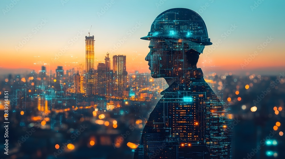 Poster innovative future city skyline illuminated with futuristic technology and smart infrastructure at su