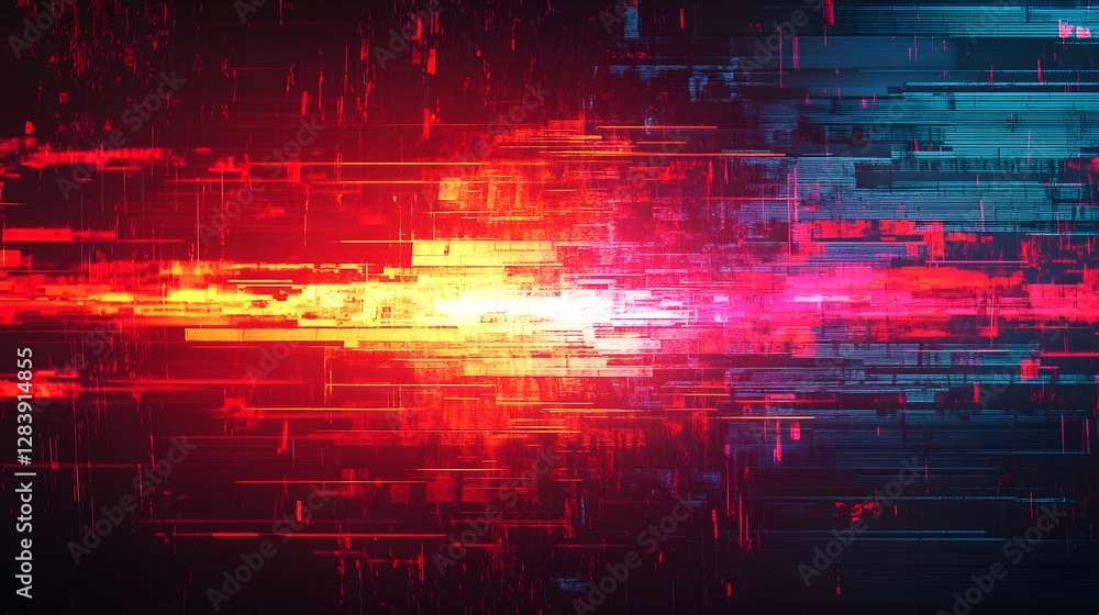 Poster Intense and chaotic digital glitch distortion and explosion of vibrant neon colors futuristic patterns and dynamic technological textures  A captivating and experimental abstract digital art design
