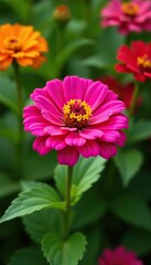 Fototapeta premium Brightly colored Zinnia flowers blooming in a garden, petals, flower