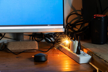electric plug sparks Caused by short circuit The concept of danger, the use of non-standard...