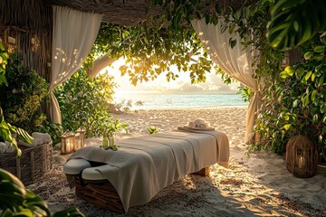 A tranquil beachfront spa setting with a massage bed overlooking the serene ocean, surrounded by lush greenery and gentle sunlight, creating an atmosphere of relaxation.