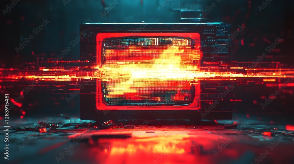 Aufkleber intense futuristic technological explosion with a dramatic digital composition featuring vivid neon 