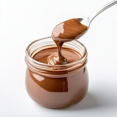 Chocolate Spread Jar with Spoon Pouring Melted Sweet Dessert Food Ingredient Delightful Treat