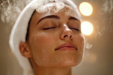 Close-up portrait of a woman enjoying a facial steam treatment with her eyes closed, experiencing relaxation and skincare benefits in a spa environment.