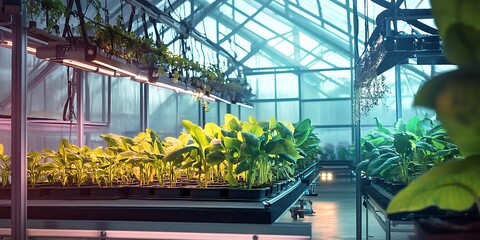 
High tech industrial agriculture greenhouse with plants. Indoor Hydroponic Farming Lush Green Plant High Tech Environment